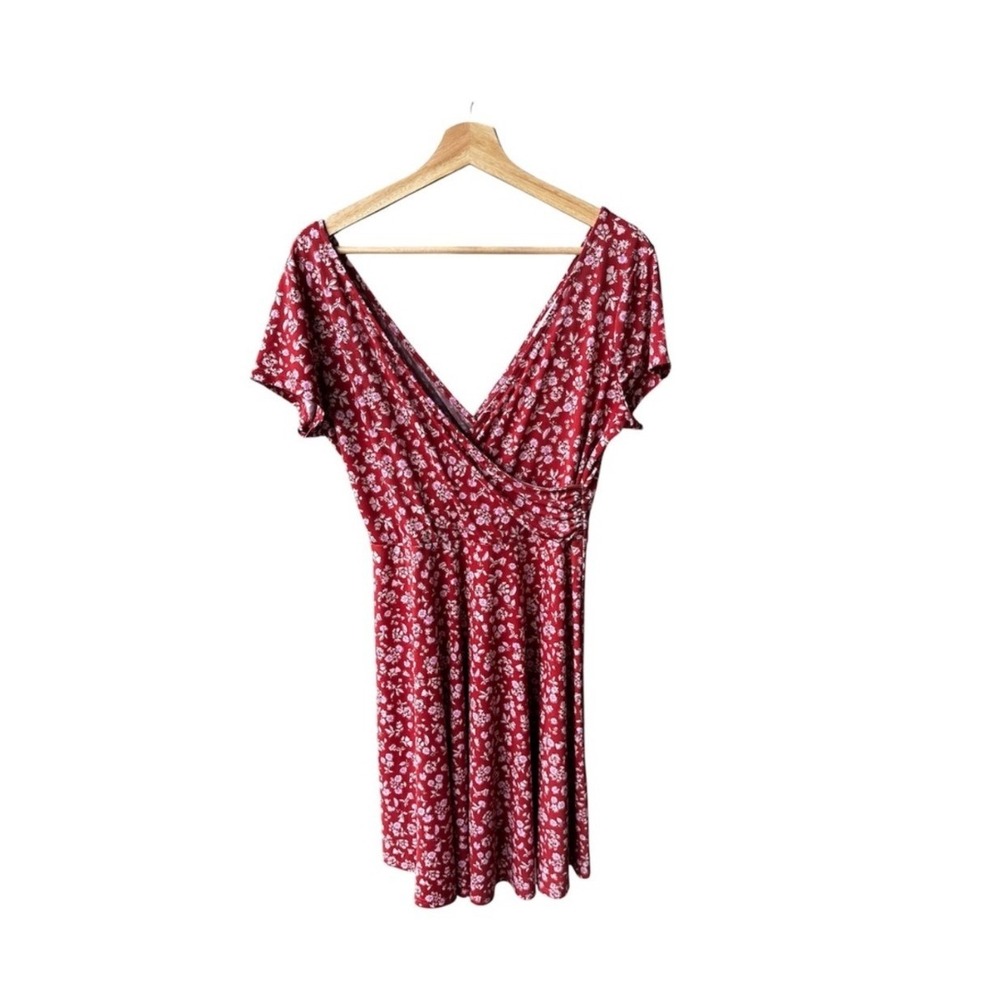 Kaileigh Dress Mini Burgundy Floral Neck Short Sleeve Fit Flare Petite Large